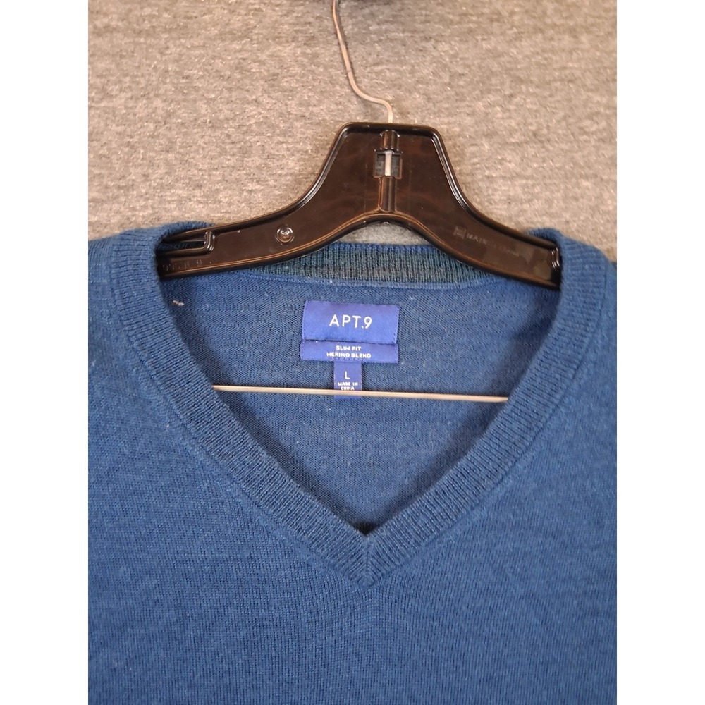 Apt 9 Mens Sweater‎ Large Blue V Neck Merino Wool Pullover Stretch Soft